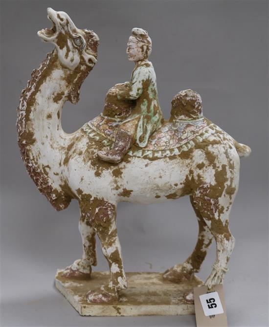 A Chinese tang style group of Bactrian camel and rider height 36cm